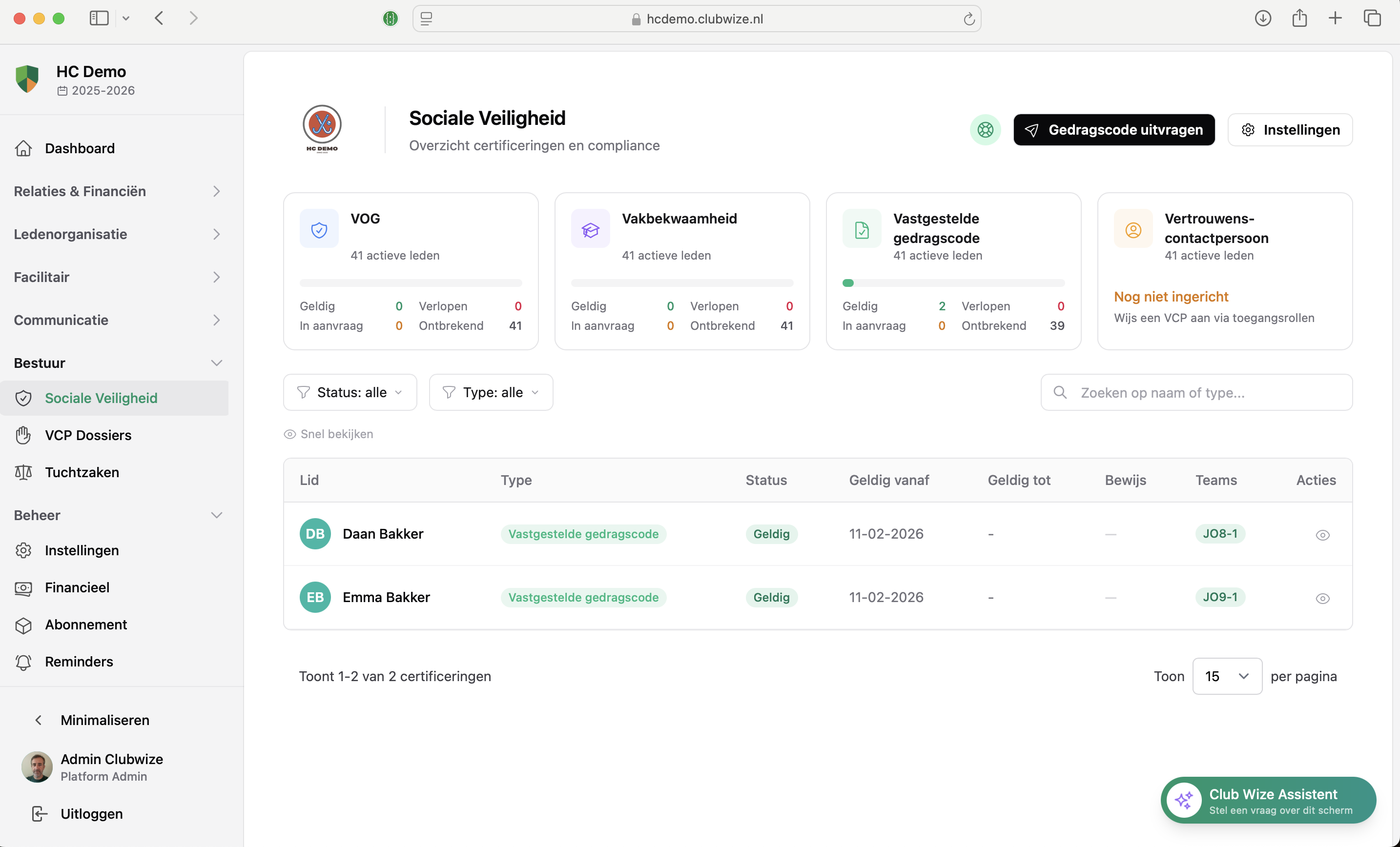 Sociale veiligheid dashboard in Club Wize