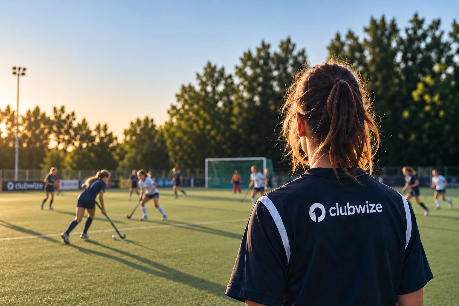 Speelster in een Clubwize-shirt kijkt uit over een hockeytraining op het veld
