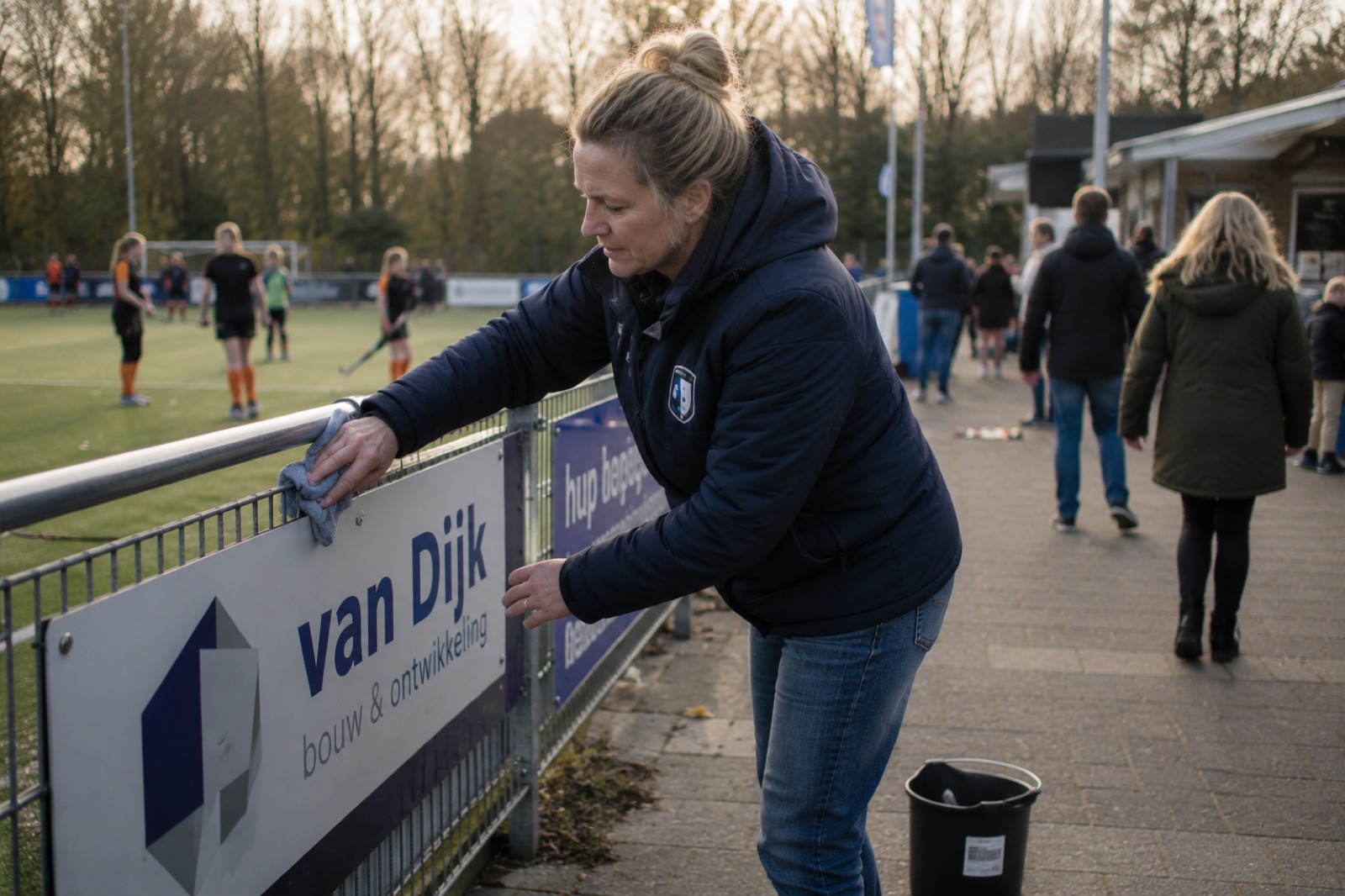 Iemand poetst een reclamebord langs het sportveld terwijl er gespeeld wordt