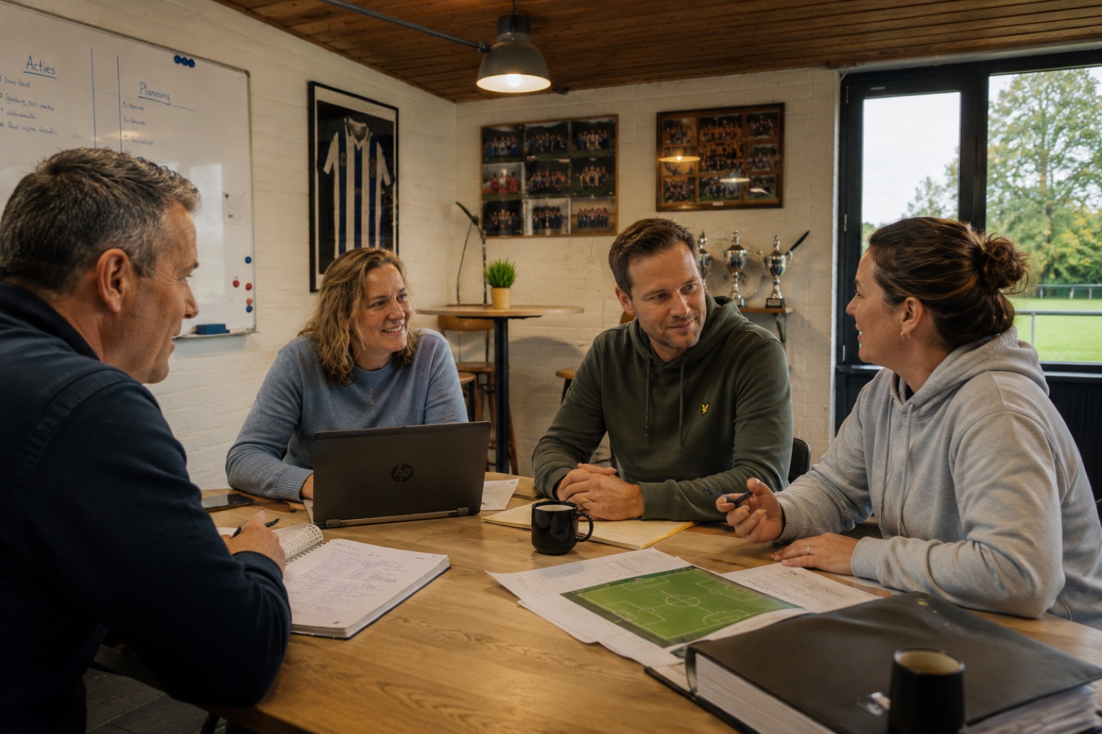 Vier mensen overleggen lachend aan een tafel met laptop en plattegrond van een speelveld