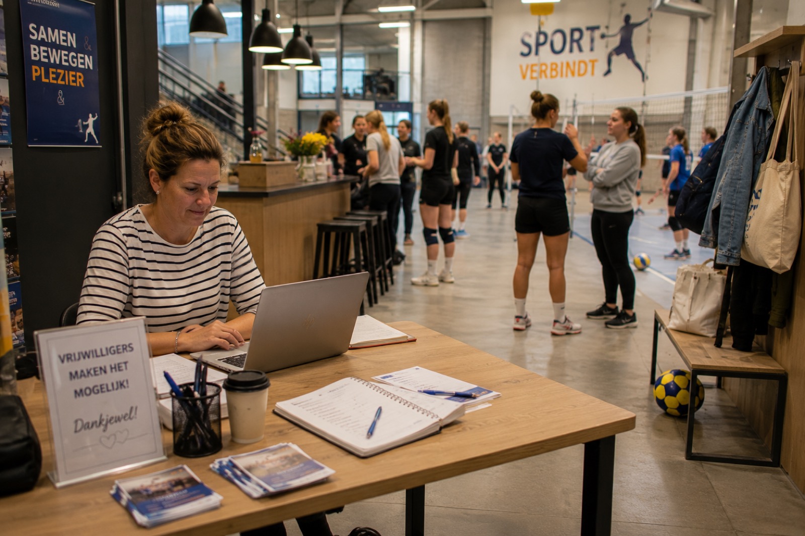 Iemand werkt achter een laptop aan een balie, sporters op de achtergrond
