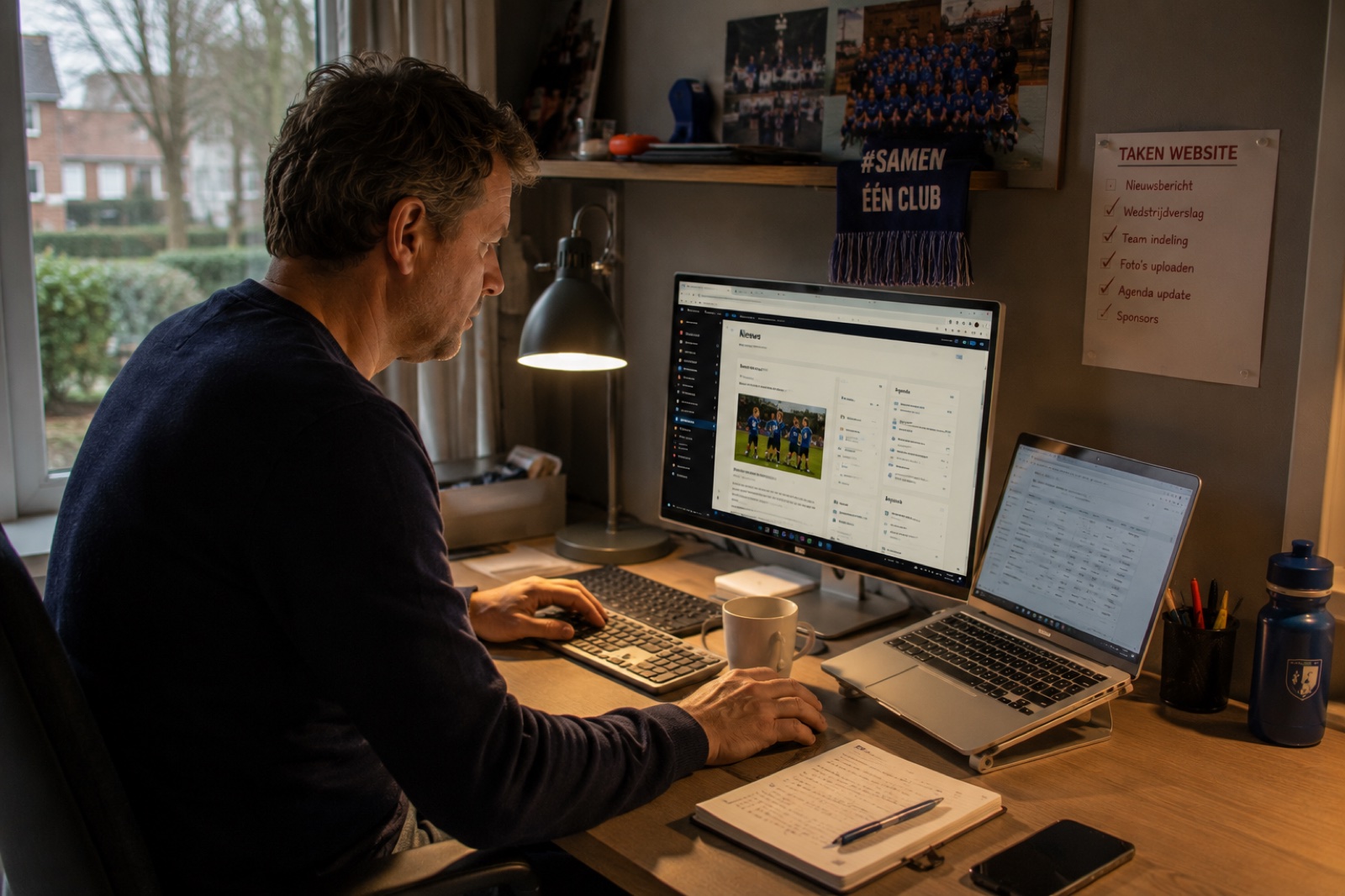 Iemand werkt aan de clubwebsite achter een monitor, met een takenlijst en teamfotos aan de muur