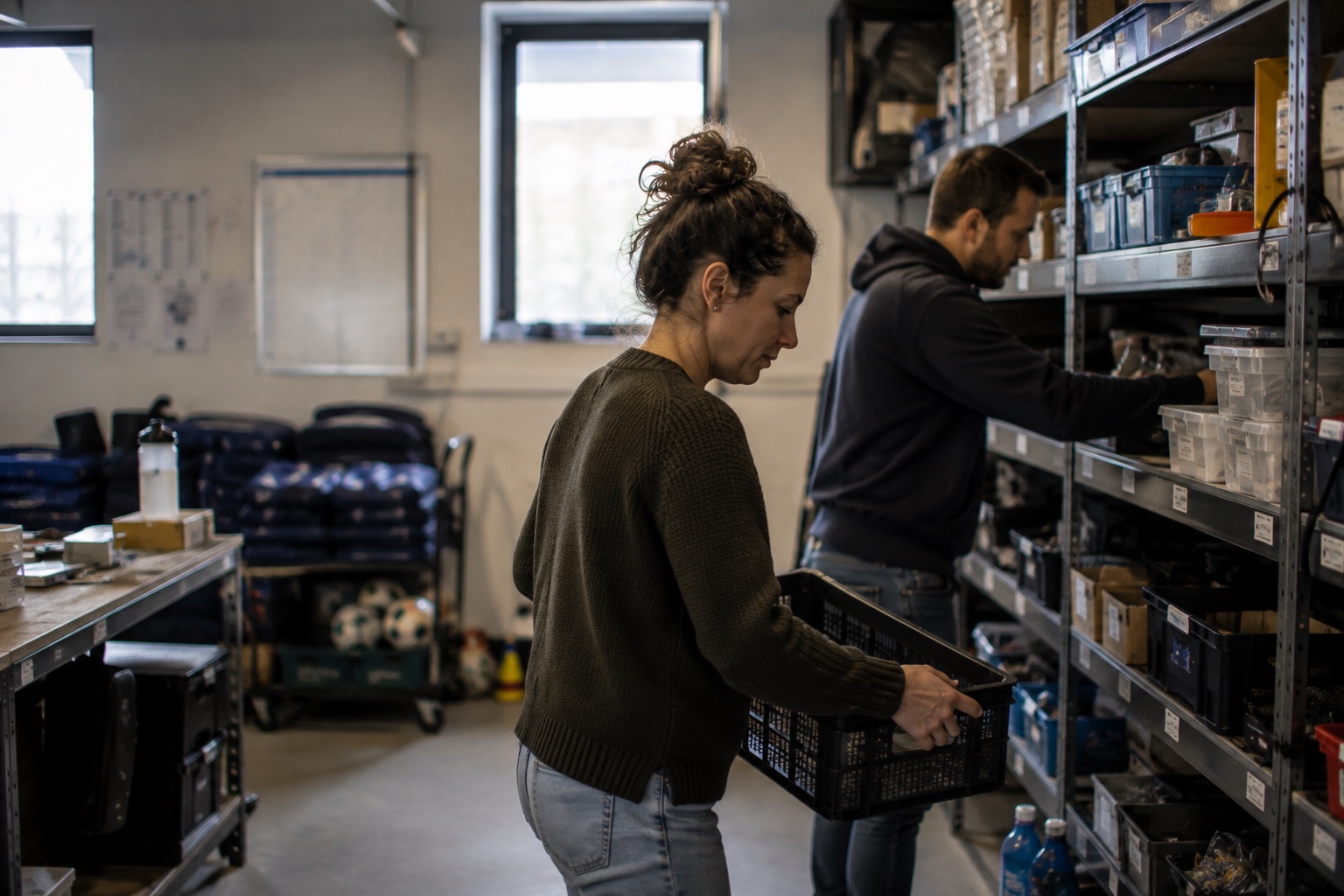 Medewerkers houden materialen bij in een magazijn
